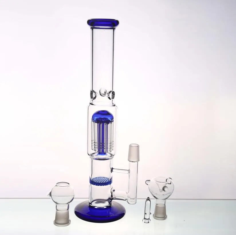 Deep Blue Bong Smoking Water Pipes Honeycomb Percolator and Umbrella Percolator Oil Rigs Glass Pipe Height 29 cm With Joint 18.8mm