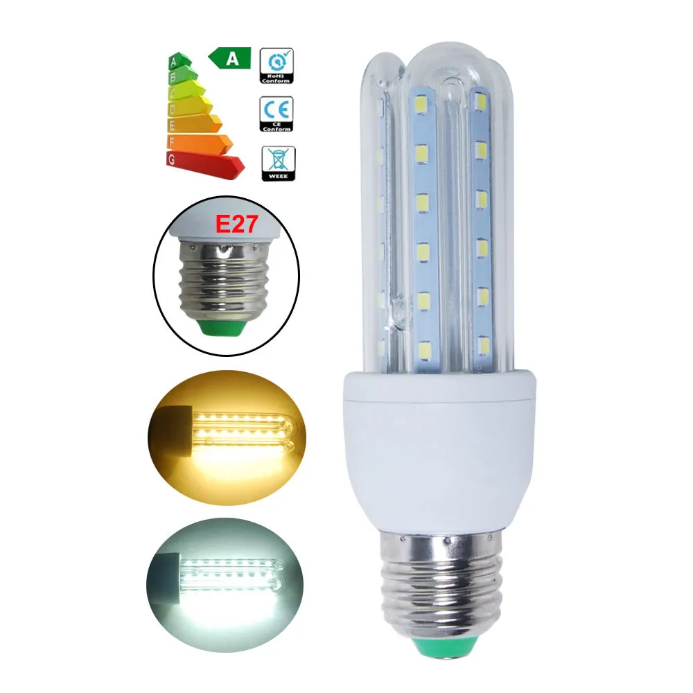 100 قطع e27 2835 smd led مصابيح 85-265 فولت 7 واط u شكل الصمام الاضواء الذرة led لمبة عيد الثريا شمعة الإضاءة 360 درجة