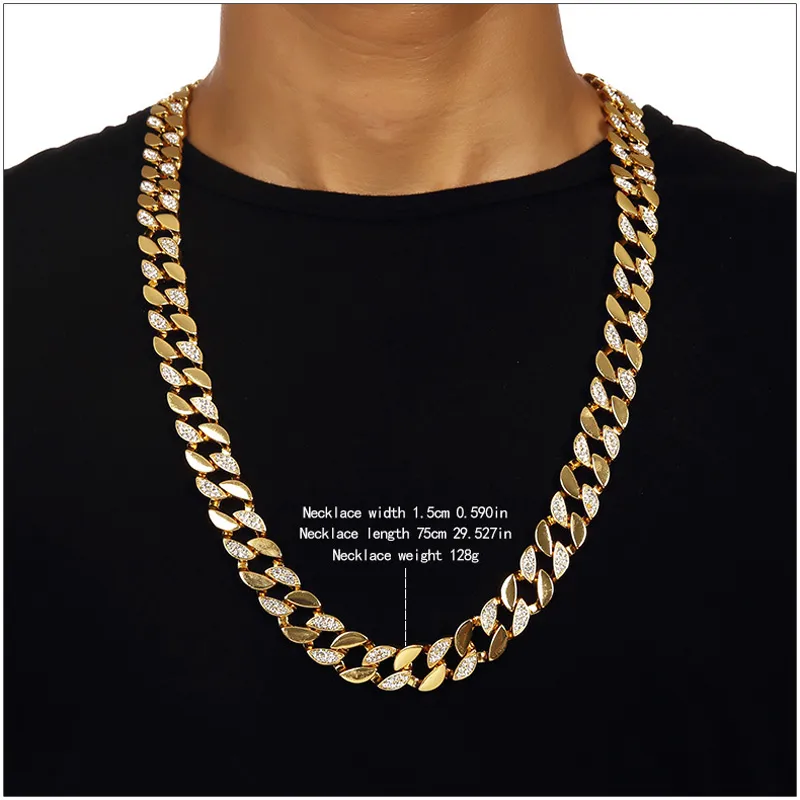 128g Heavy 24K Solid Gold Plated MIAMI CUBAN LINK Chain Extra-coarse Exaggerated Shiny Diamante Necklace Hip Hop Fine Jewelry Hipster Men Chains