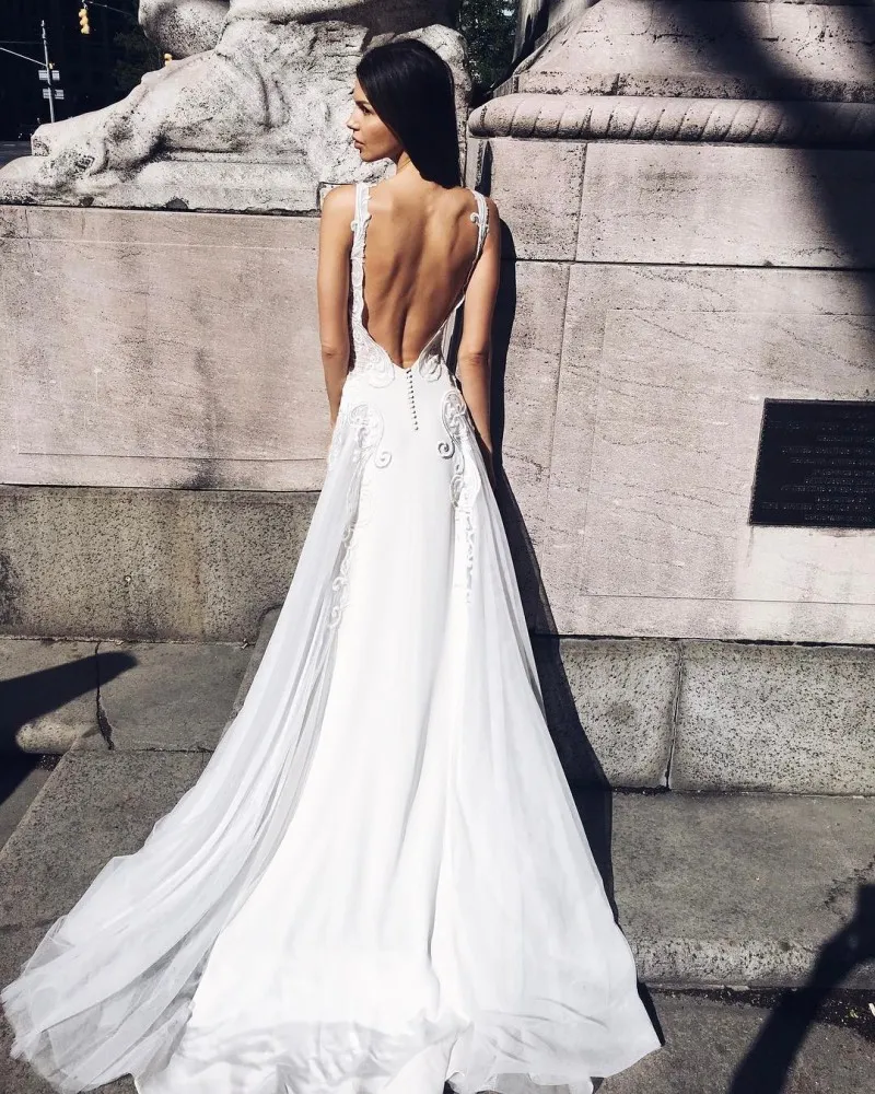 Linia vintage sukienki ślubne klejnotowe aplikacje szyi suknie ślubne zamiataj pociąg bez tylnej części ślubnej suknia 292Y