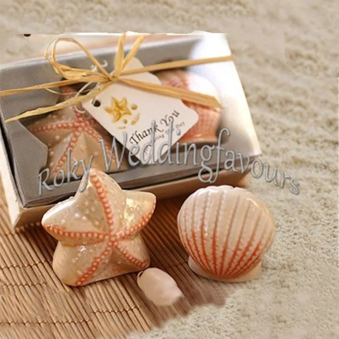 DHL FRETE GRÁTIS Seashell e Estrela Do Mar Sal Pimenta Shaker Favores Do Casamento Idéias Do Partido de Noivado Decoração de Mesa de Aniversário