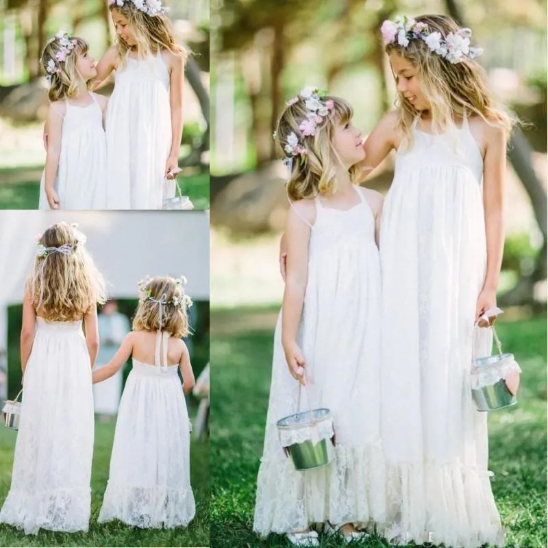 2018 nova linda flor de renda branca boho vestidos de meninas halter até o chão uma linha baratos vestidos de meninas de flor para o jardim de praia casamento formal