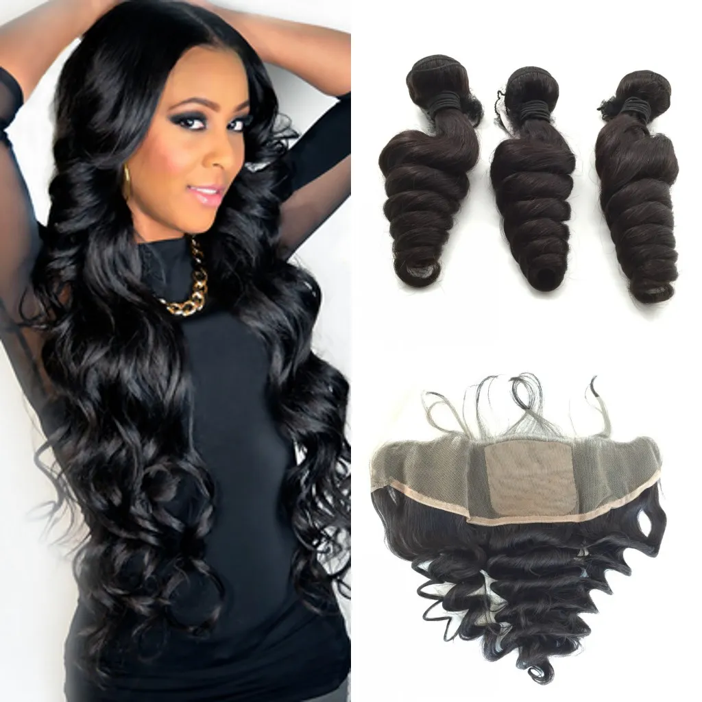 Brasileira Onda Solta Base de Seda Frontal Com Bundles 4 Pcs Muito Cabelo Virgem Tecer Com Top De Seda Lace Frontal Encerramento