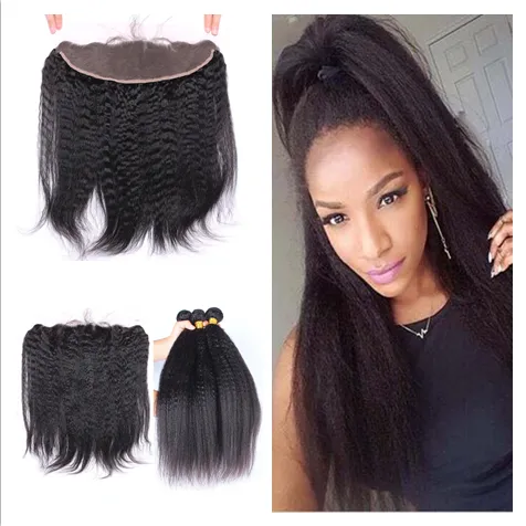 9A Mongolian Kinky Straight 13x4 Lace Frontal Closure With 3Bundles 4Pcs Lot Italian Coarse Yaki Virgin Human Hair Weaves With Frontals