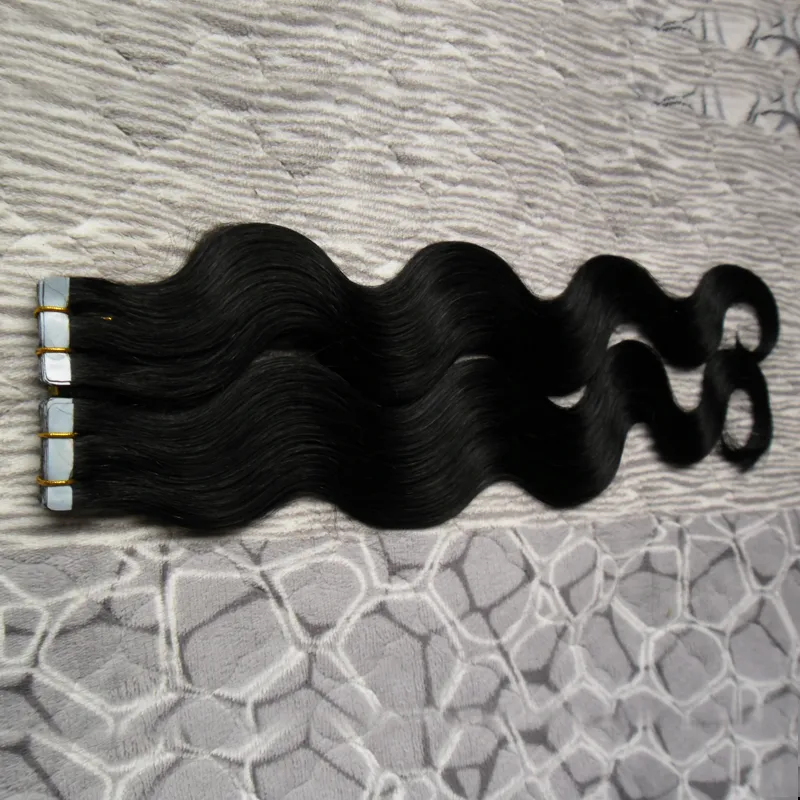 Cor # 1 jato preto corporal brasileiro cabelo cabelo humano cabelo fita extensões de cabelo 40 peças pu pele de pele pele 100g fita extensões onduladas