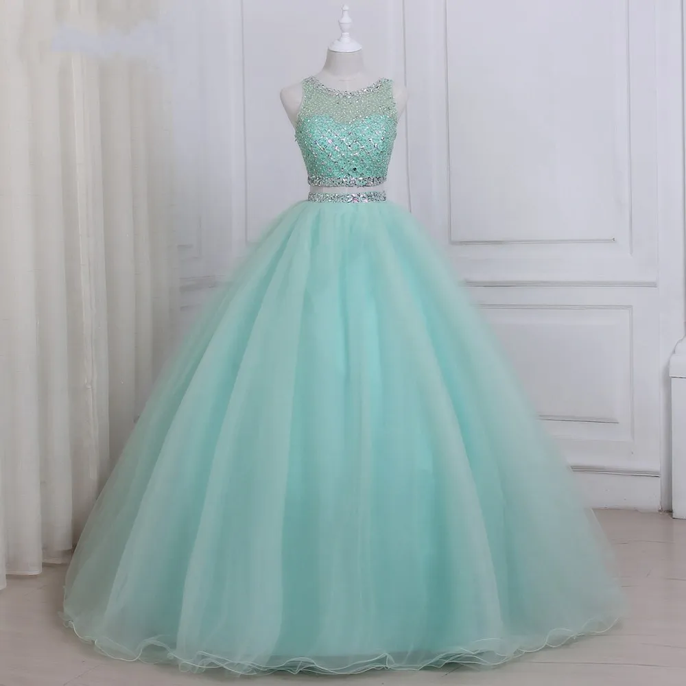 Superbe Mint boule Robes Robes de bal Deux pièces Tulle luxe strass perles à dos creux Jewel Sheer manches longues col robe de soirée Robes de soirée