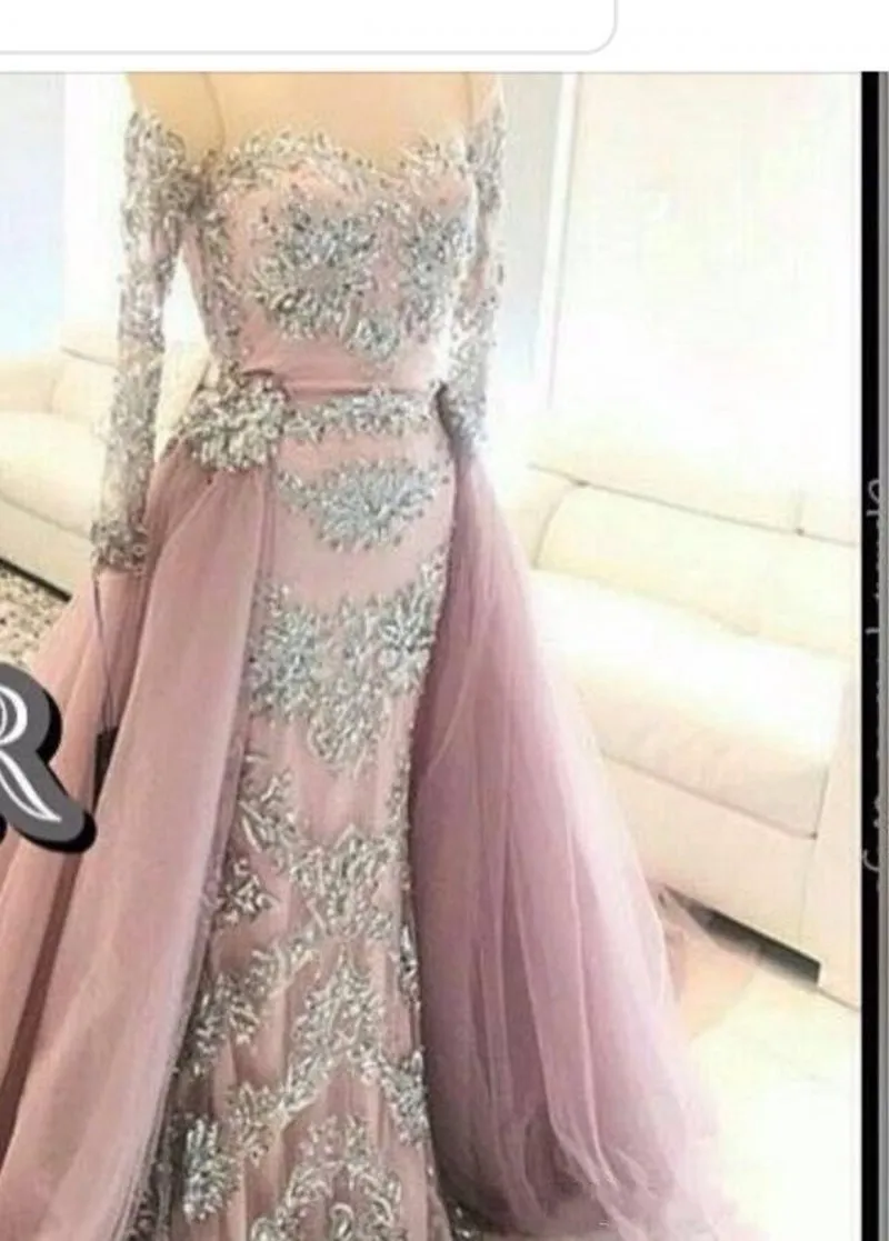 Off Shoulder Arab See Through Long Sleeve Evening Dresses Overskirts 2016 Long Formal Dress Sexy Party Prom Gowns Sweep Train Plus Size