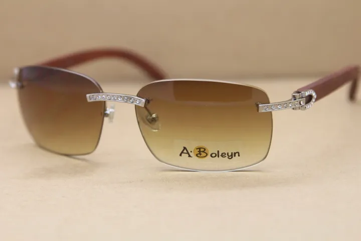 Hot Rimless Big Diamond T8200497 Wood Sunglasses men famous sun Glasses Brand Decoration gold frame Size:58-18-140mm high quality lenses