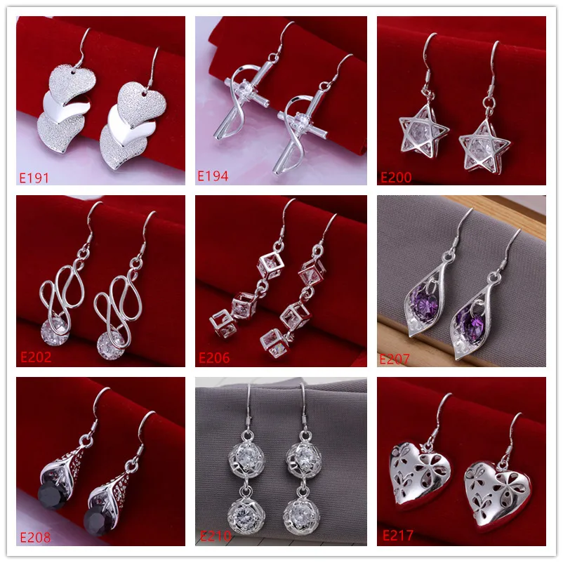 Högkvalitativa Kvinnors Ädelstenar Sterling Silver Pläterad Örhängen Mixed Style EME25, Partihandel Fashion 925 Silver Plate Dangle Landelier Örhängen