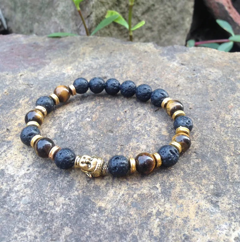 SN0378 haz tu propia pulsera de cuentas Hombre ojo de tigre oro cabeza de buda pulsera lave piedra joyería mala joyería pulseras