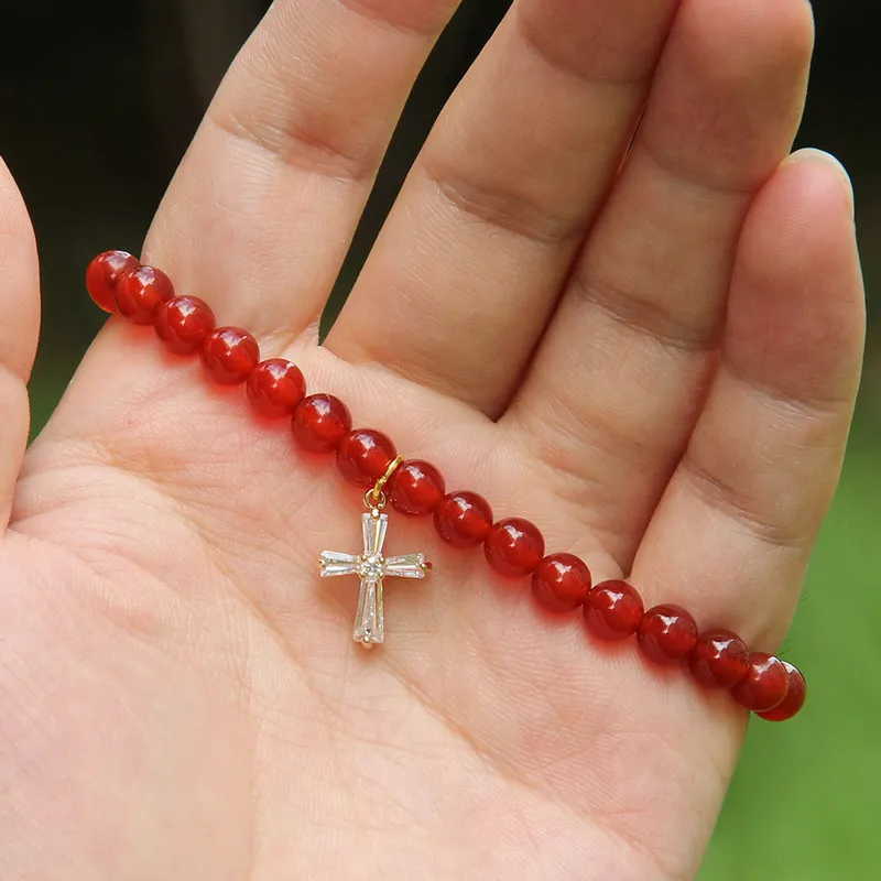 Wholesale Summer Bracelets 6mm Grade Natural Red Agate with Clear Cross Cz Beads Bracelets