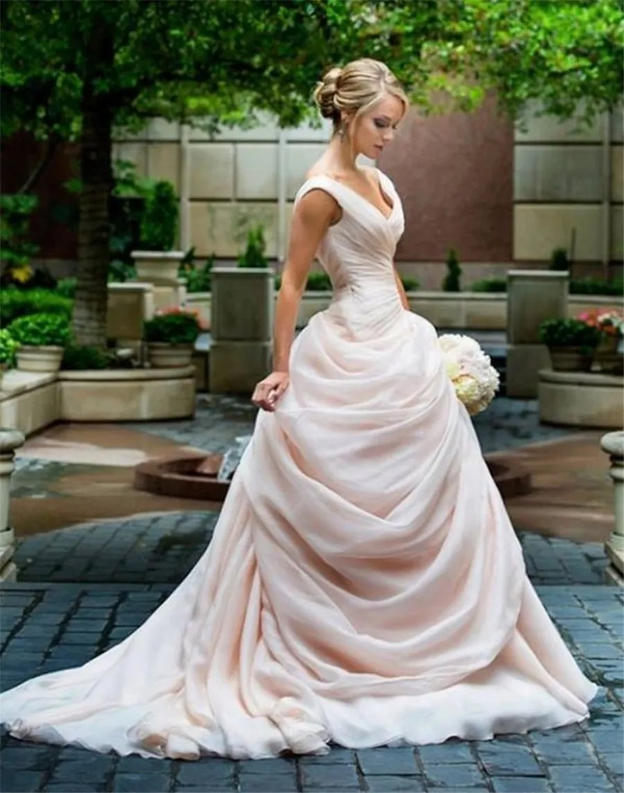 Blush Pink Pick Up Ball Gown Wedding Dresses Long V Neck Side Draped Princess Bride Bridal Bowns Vestido de Novia8443369