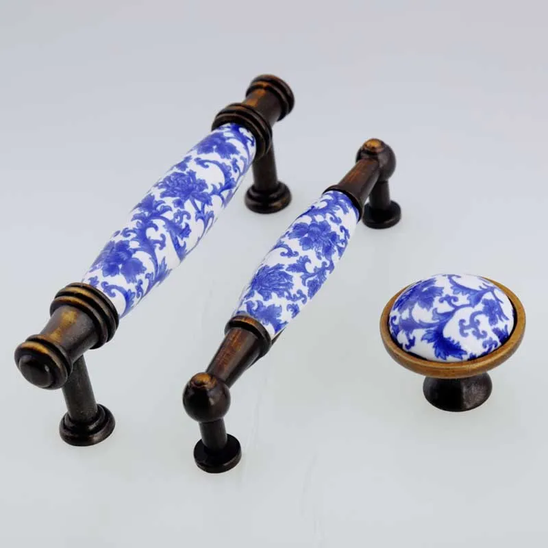 96mm Blue Wave Handle White Porcelain Fashion Furniture Lida