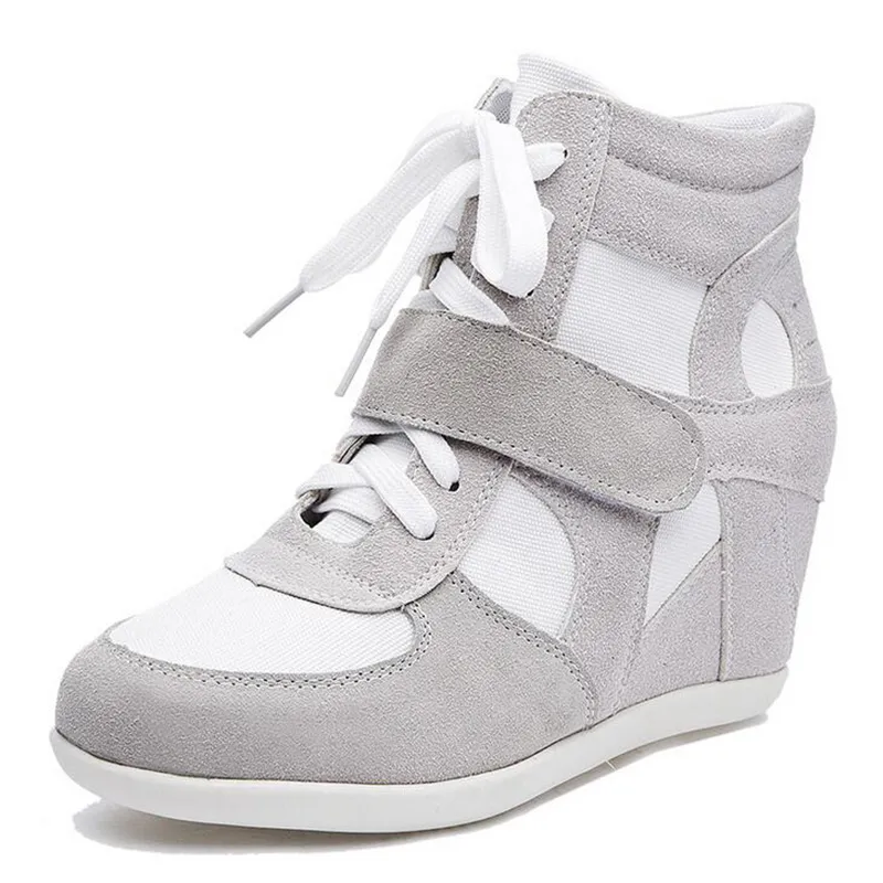 Young Ladies Women`s Formal Wedge Korean Style Hidden Heel Suede Leather Fashion Sneaker Lace-up Sport Shoes