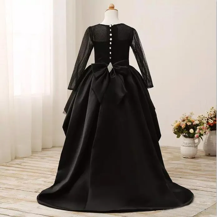 2016 длинные рукава платьица девушки Pageant черный высокая низкая драгоценность цветок девочки платья для подростков вечерние Причастие платья EN9084
