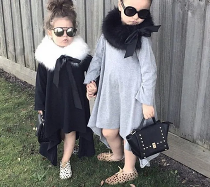 Wiosna Jesień Europa Moda Baby Girls Dress Kids Długim Rękawem Nieregularne Topy Dress Dzieci Casual Cotton Dreses Black Gray 12536