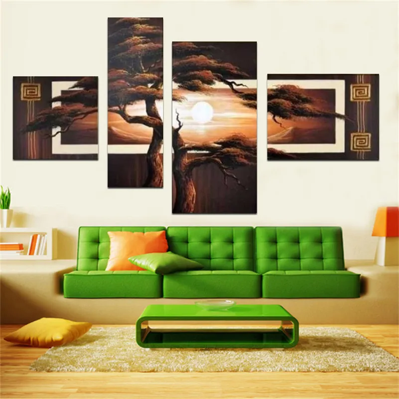 Peint à la main 4 pcs / ensemble Set Art moderne asiatique peinture abstraite paysage huile sur toile de pin arbre mur décoration