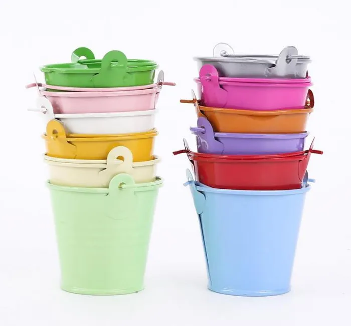 30 stks Kleurrijke Mini Tin Emmer Emmer, Candy Gift Gunsten Pakket Blikdoos voor Bruiloft Souvenirs Cadeau voor Gast 3 Size Groothandel