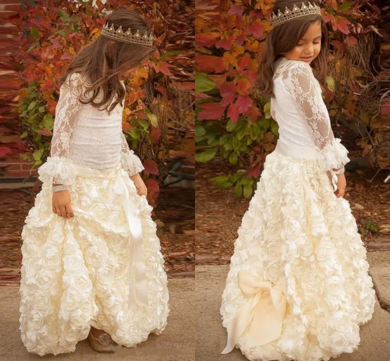 Księżniczka Koronka Z Długim Rękawem Kwiat Girl Dresses Ruched Flower Spódnica Dziewczyny Wedding Party Suknie z Wstążką Sash Baby Pageant Dresses