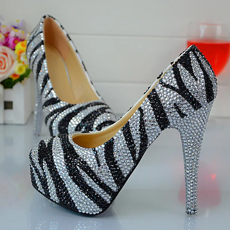 Zebra Crystal Closed Toe Party Shoes High Heel For Lady Round Toe Silver and Black Rhinestone Wedding Bridal Shoes Evening Pumps