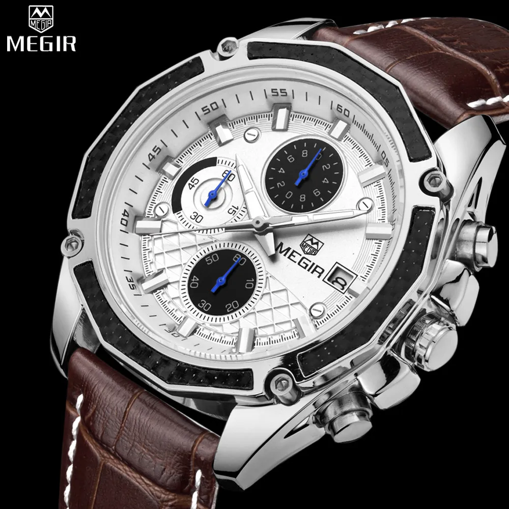Authentique MEGIR montres à quartz pour hommes Montres en cuir véritable pour hommes de course Étudiants jeu Run Chronograph Watch male glow hands