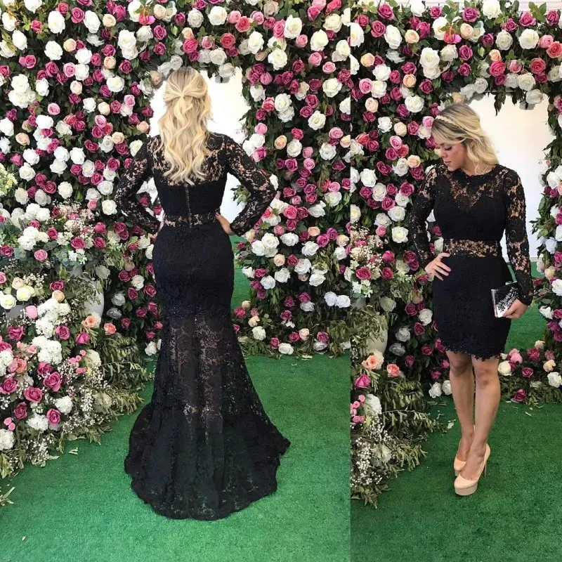 Gorgeous Black Mermaid Lace Prom Dresses With Detachable Skirt Long Sleeves Evening Gowns Sheer Neck Vestidos De Fiesta Beaded Formal Dress