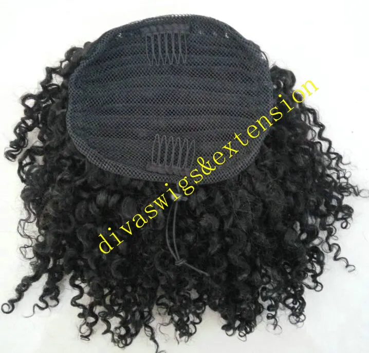 Side part afro puffs black clip in romatic curly brazilian virgin hair drawstring ponytail hair extensions 120g