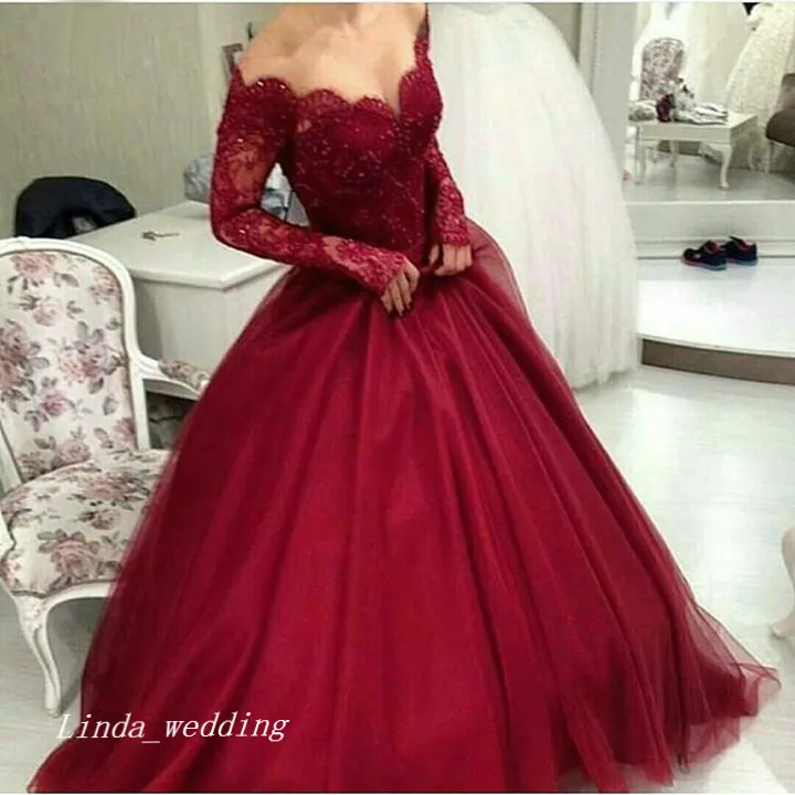 2019 Borgogna Prom Dress Arabo Vino Rosso Off The Shoulder Maniche lunghe Tulle Abito per occasioni speciali Abito da festa vestidos de fiesta
