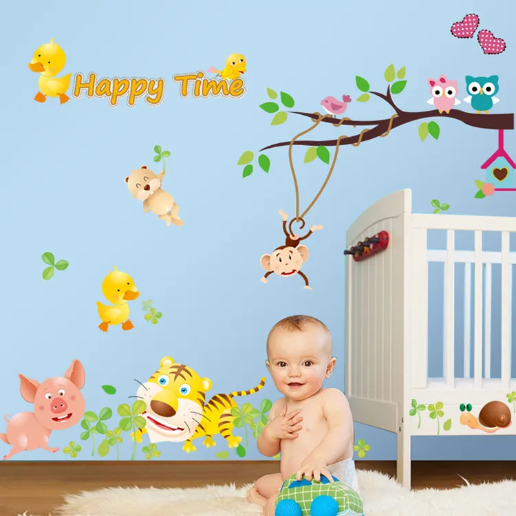 Mooie Kids Slaapkamer Muurstickers Cartoon Varken Tijger Owl Dieren met Tree Monkey Mooie Kleuterschool Muurstickers Nursery School Sticker