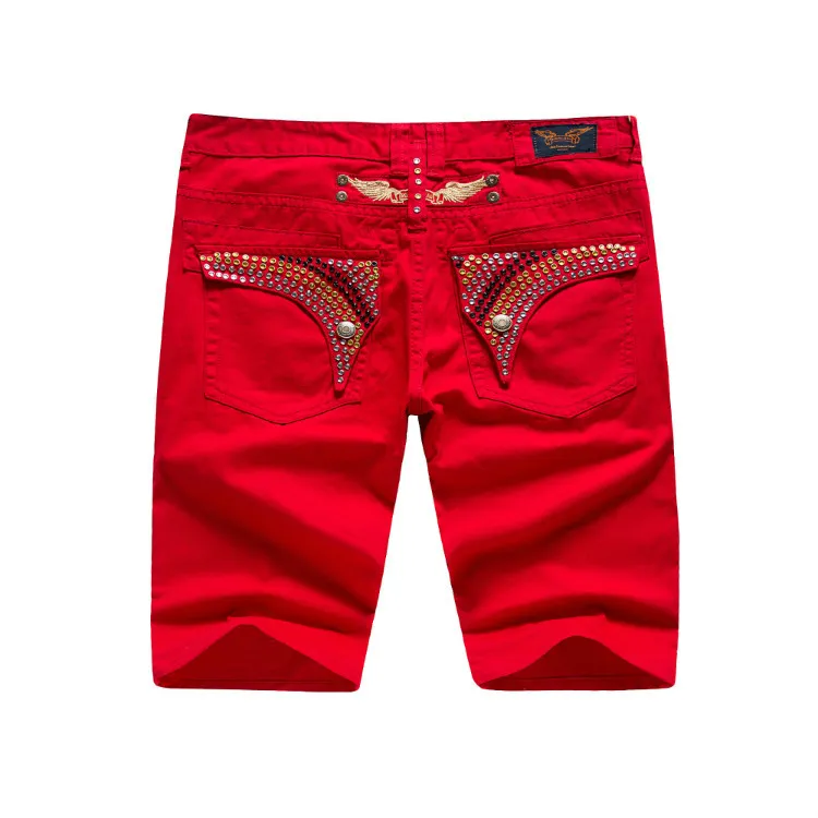 Fashion Robin Ripped Jeans For Men Diamonds Wings Shorts Slim Fit Gold Diamond And Ruby Crystals Mens Jean Size 32-42309D