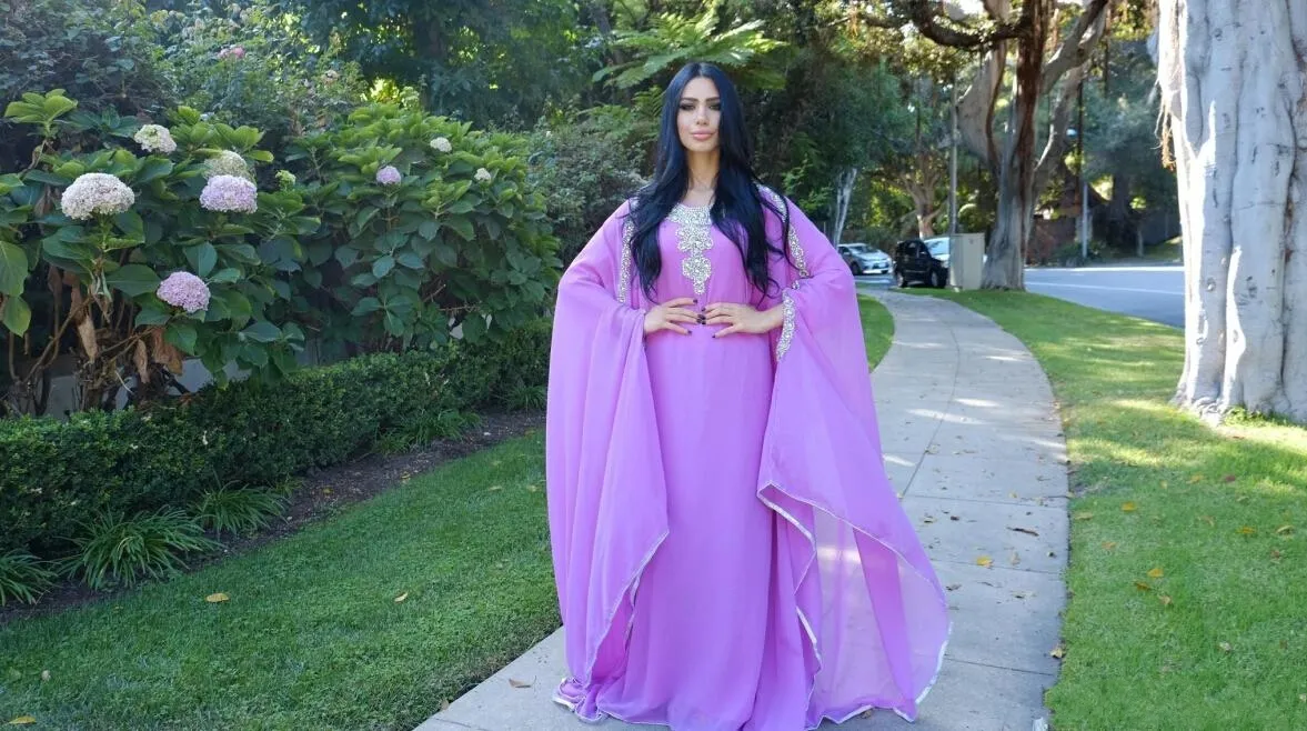 Cristais Longos Vestidos de Noite Dubai Mangas Compridas Roxo Claro Chiffon Mulheres Vestidos Formais Kaftan Muçulmano Barato Deusa Estilo Grego Vestidos