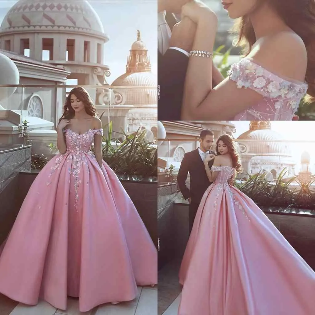 2019 홍드 핑크 교회 기차 컨트리 웨딩 드레스 3D 꽃 수제 꽃 어깨 두바이 아랍어 신부 가운