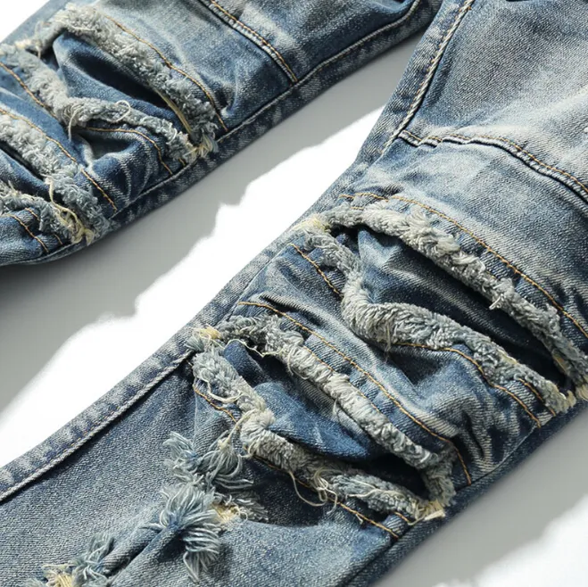 Washed Jeans for MEN Clothing Spring Autumn Draped Ripped Slim Jeans KANYE Holes Pencil Pants