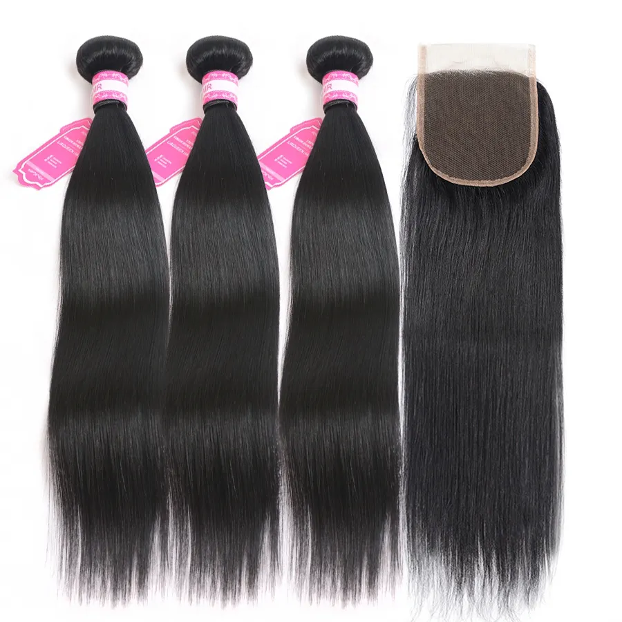 Brazilian Silk Straight Pure Color Human Hair 4x4 Lace Closure With 2 Bundles Double Weft Weave Peruvian Malaysian Indian Virgin H2131478