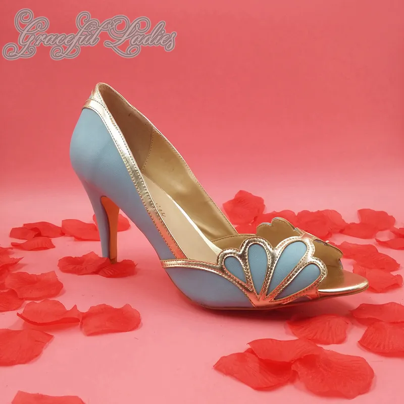 Blush Wedding Shoes Scallop Heel Peep Toe Bridal Sandal Pumps PU Leather 3 Kitten Heels Stilettos Blue Bridal Shoe Slip-on P260T