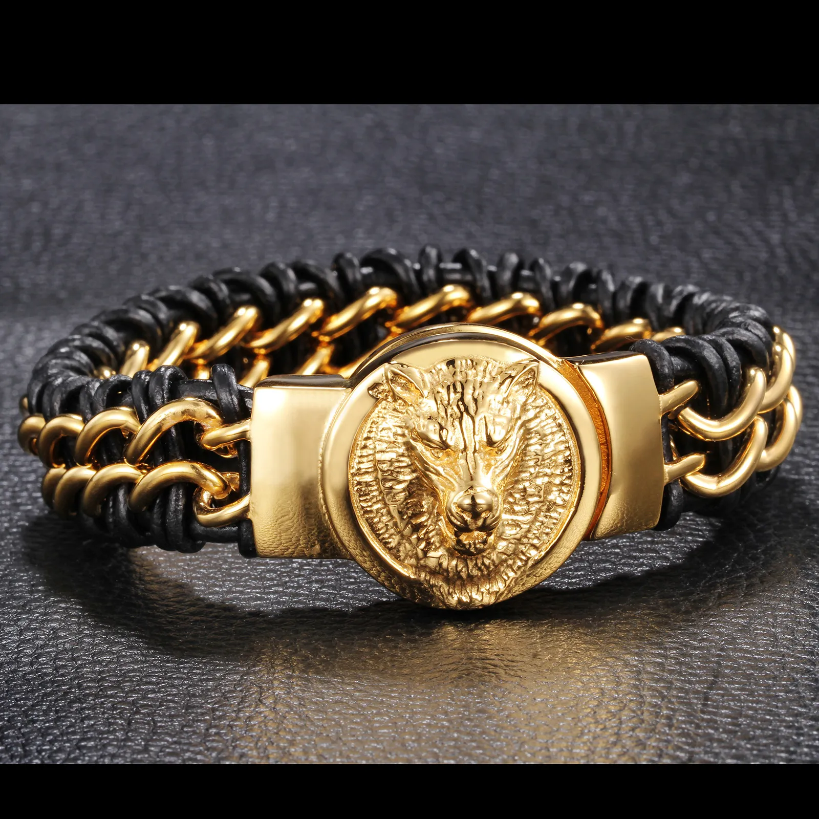 Hiphop New Punk Style 8,66'' 18mm Echtes Leder 316L Edelstahl Biker Gold Wolf Kopf Design Herren Armband Armreif