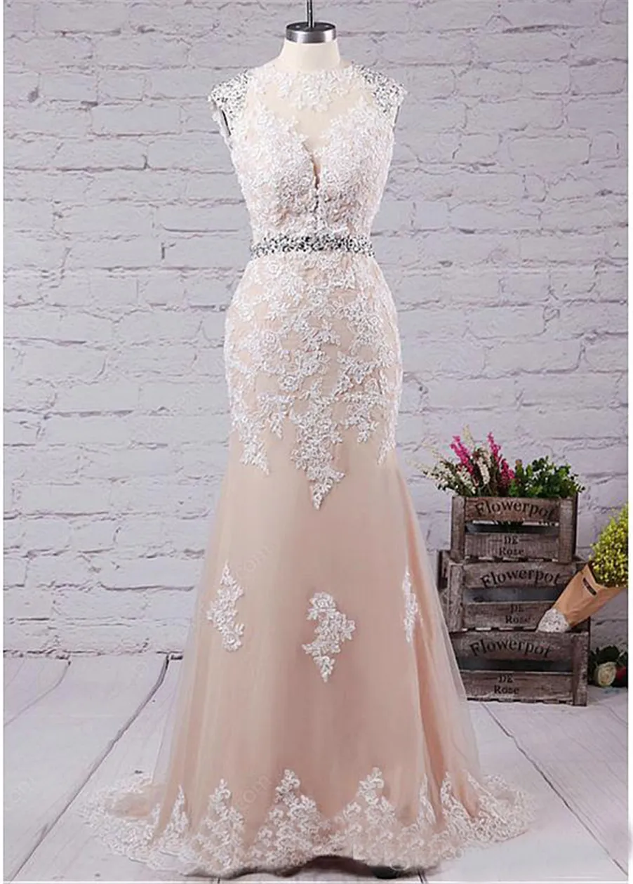 Beading Sash Jewel Lace Applique Sexy Mermaid Hollow Back Evening Party Gowns Champagne Plus Storlek Prom Klänningar Lång
