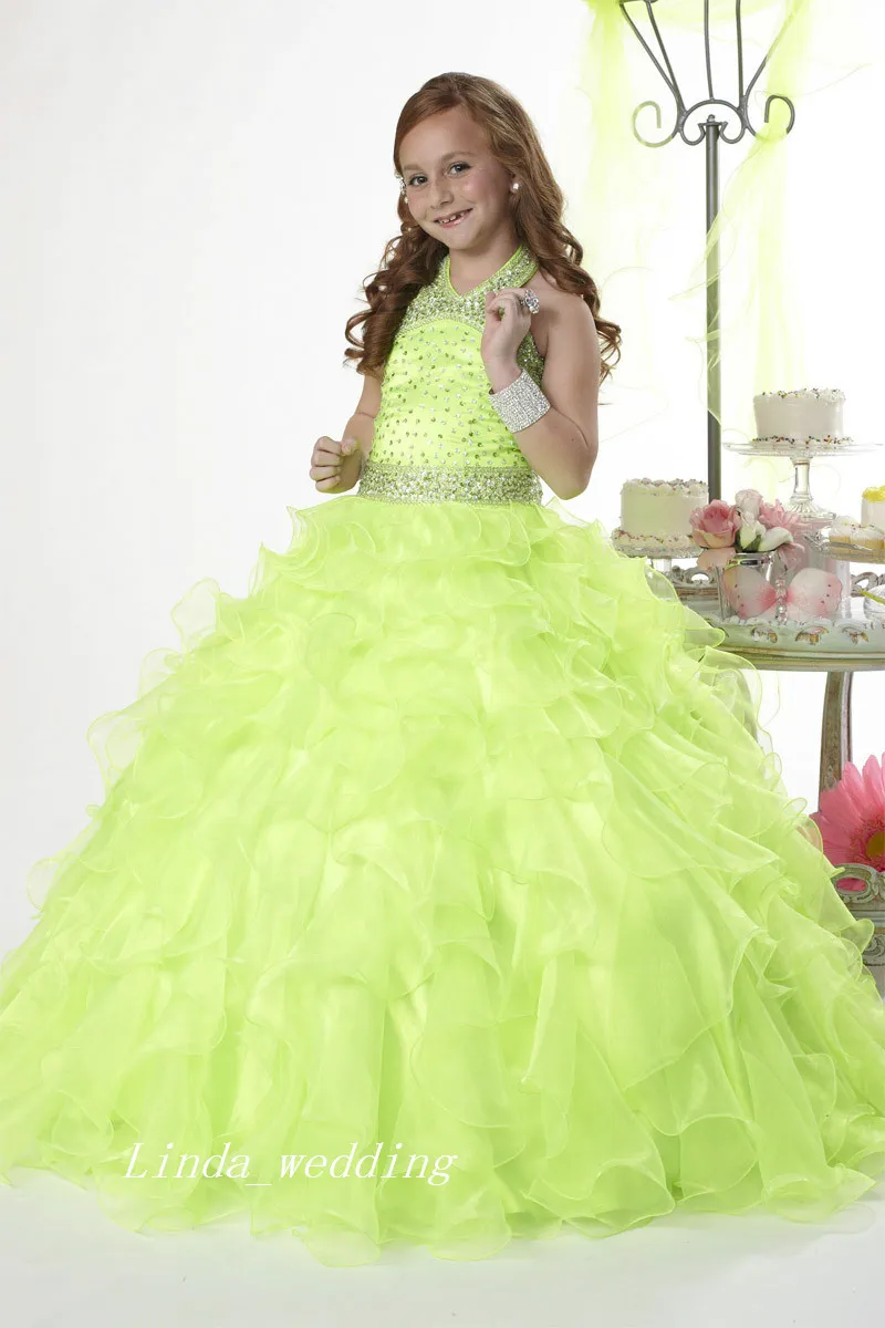 Green Princess Girl's Pageant Dress Good Quality Organza Beaded Party Cupcake Flower Girl Pretty Dress For Little Kid