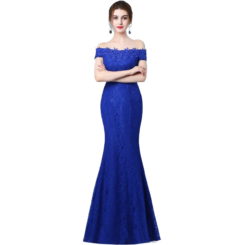 Long Mermaid Evening Dress Off the Shoulder Blue Beaded Robe Femme Bal Prom Evening Gowns Dress Black Backless Party Dress