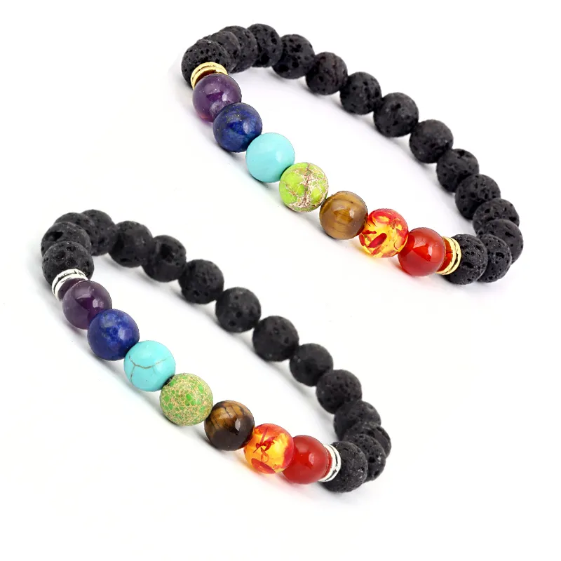 7 Chakra natürliche Lava Stein Armband 8mm Yoga Perlen Frauen Männer Charme Schmuck ätherisches Öl Diffusor Armbänder kostenloser DHL Kimter-B124S FZ