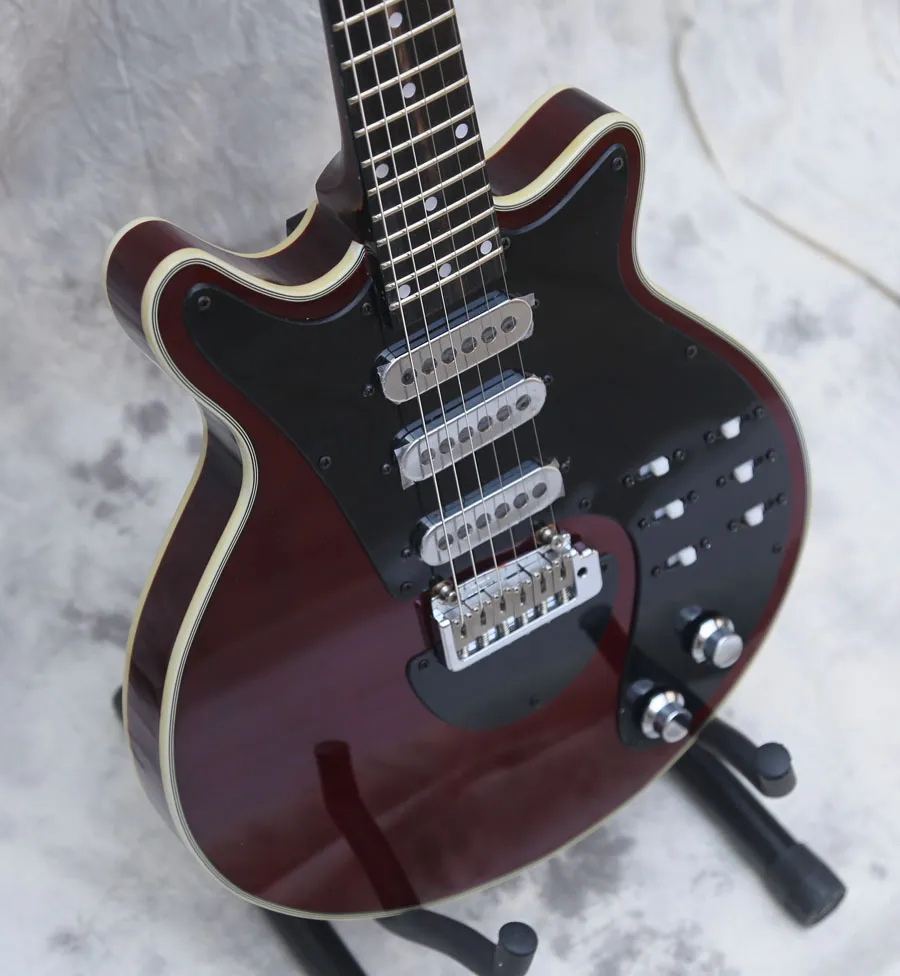 Custom BM01 Brian May Signature Guitare électrique rouge 3 micros (modèle BURNS) Tremolo Bridge 22 Frets 6 Switch Chrome Hardware