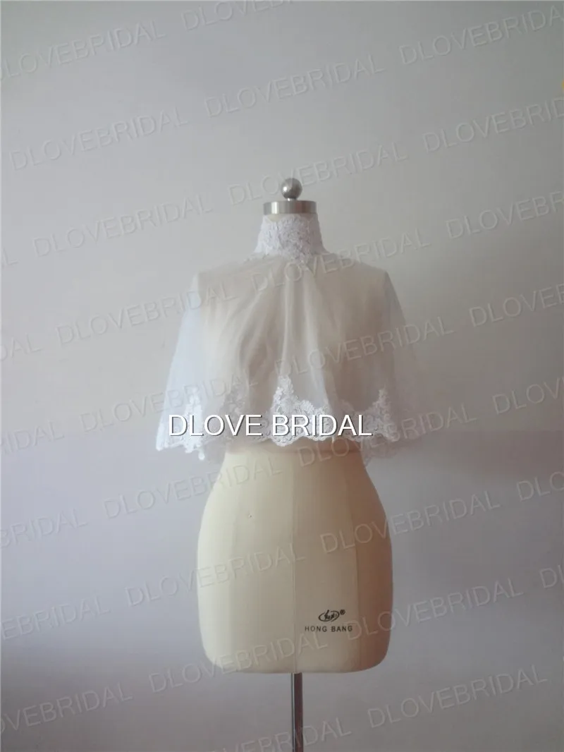 Wysokiej jakości folia ślubna wysokiej szyi z koronkową aplikacją Real PO White Ivory Wedding Kurtka ślubna Bolero Zakrycie przyciski jeden rozmiar 7200773