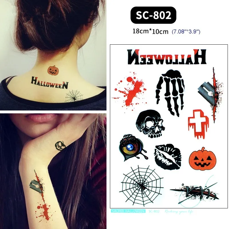 Halloween vattentät tillfällig tatuering klistermärke cosplay maskerad kostym sexig fest bodydress dekoration halloween makeup klänning upp6610476