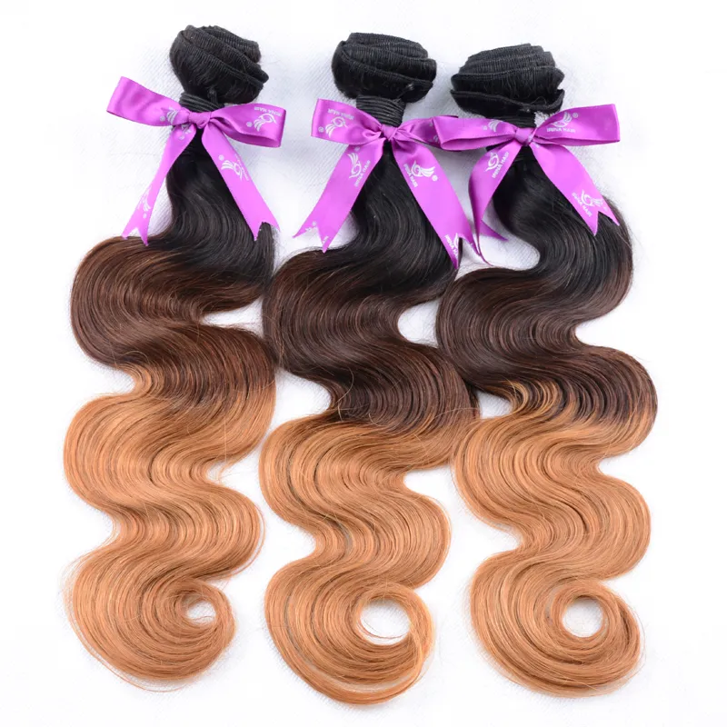Wet And Wavy Virgin Brazilian Virgin Hair Ombre Body Wave Three Tone 1B/4/27 1B/4/30 Hair Weaving Weft Cheap Unprocessed Human Hair Bundles