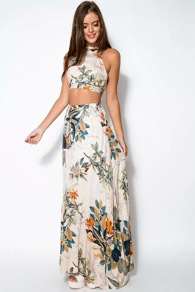 Vestidos de praia Vestidos de férias feminino Crop Top Conjunto de saia Midi Férias de verão Praia Saias sexy Na moda Duas peças Vestidos Vestidos para mulheres