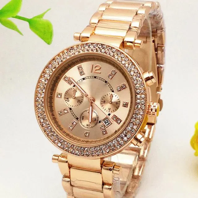 M marca diamante Japón movimiento cuarzo muñeca Oro acero inoxidable Relojes Moda de negocios Hombres mujeres Calidad superior plata dorada wris204k