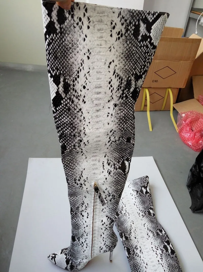 Sexy Brand Python Pattern Leather Pointed Toe Thigh High Boots Kim Women Snakeskin Lady High Heels Over Knee Long Booty Shoes Plus Size 42