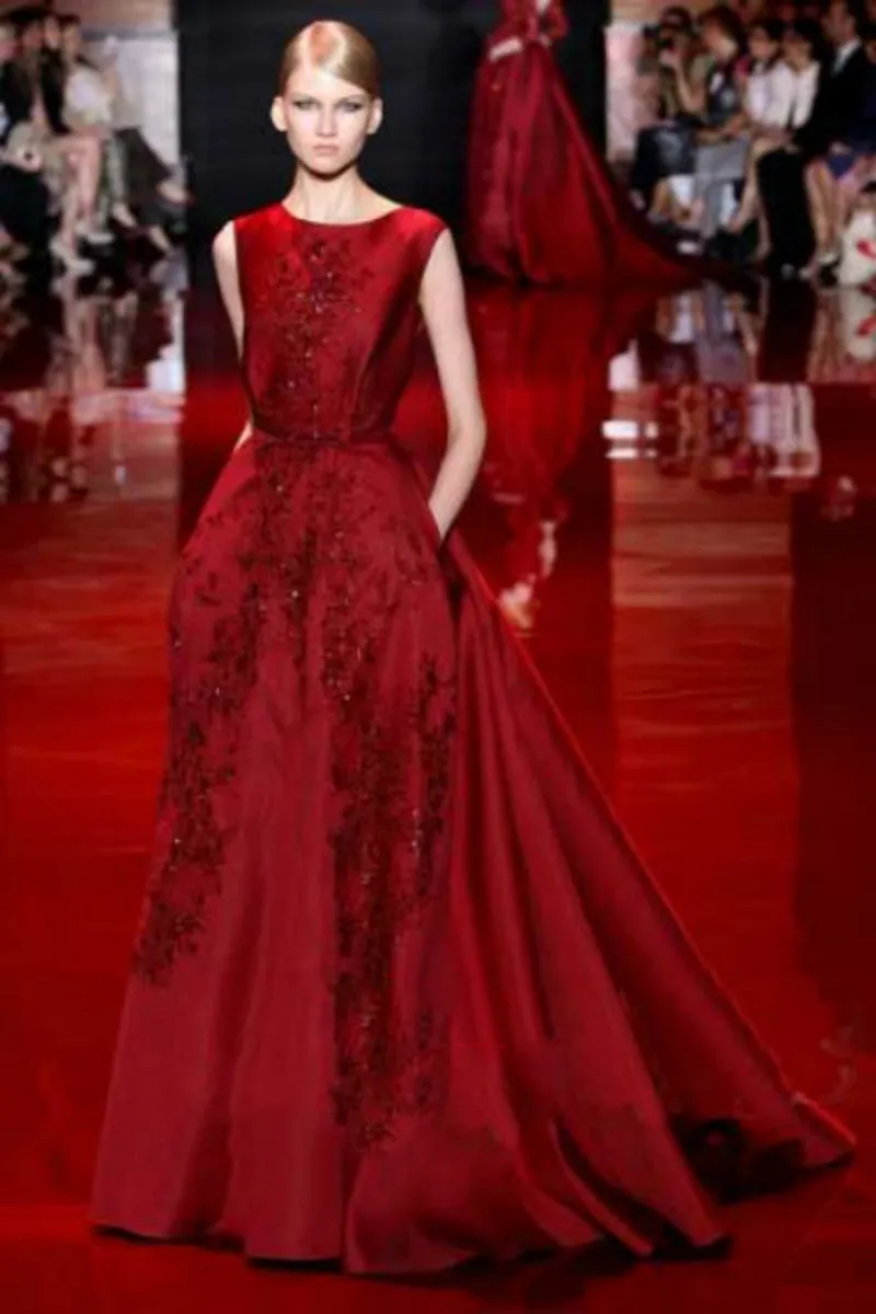 Elie Saab Fashion new word shoulder Evening Dresses China toast wine red bride Evening dress car carpet Online6550751