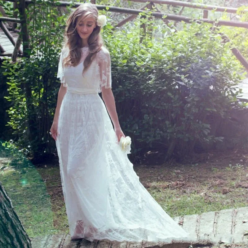 Bohemian Fairy Lace Wedding Dress Jewel Half Sleeves Long Sheer Modest Country Sweep Traad Beach Moderskap Brudklänningar