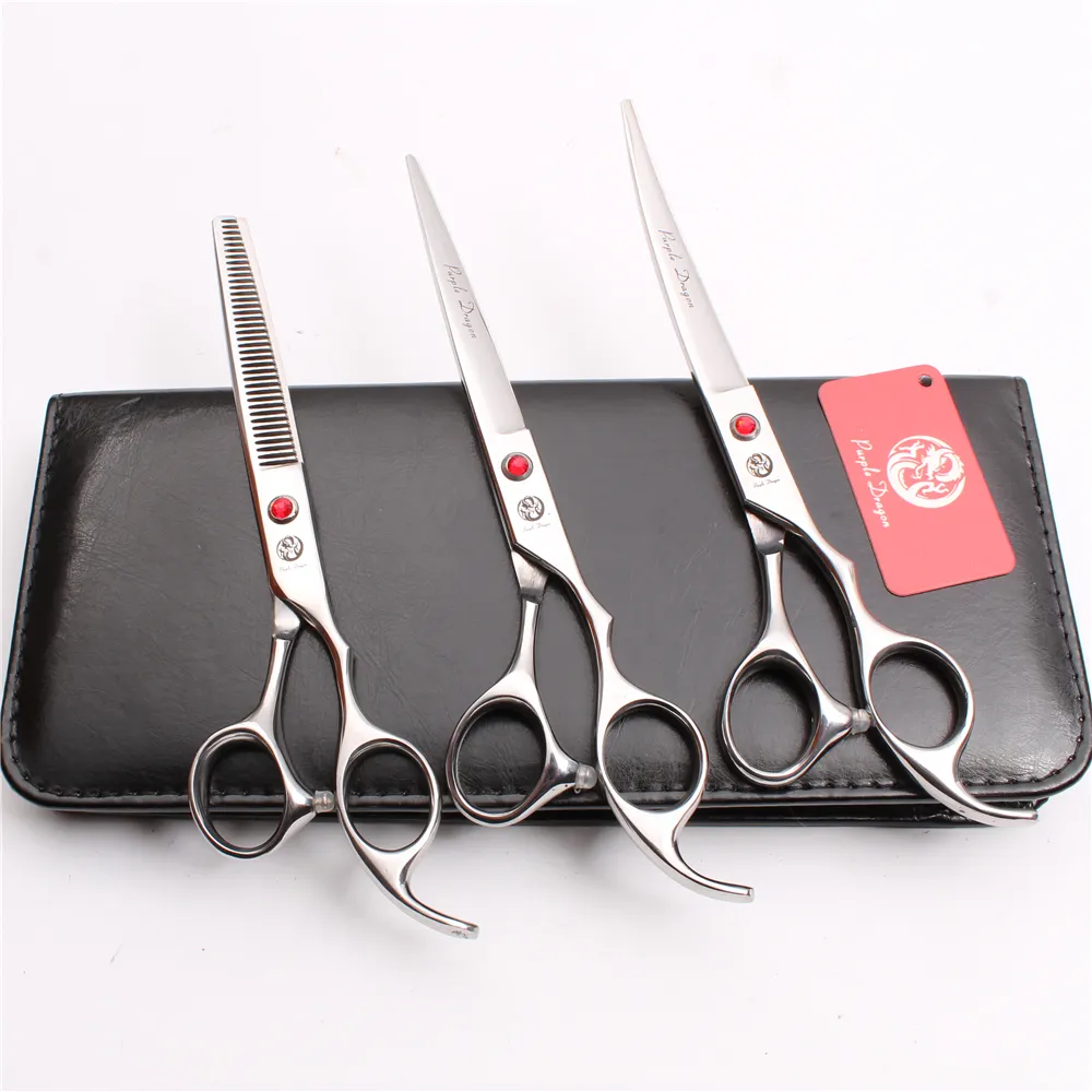 3PCS SUPPEN 7 "JP 440C Lila Dragon Professional Husdjur Hundhår Grooming Saxar Skärare + Tunna Scissor + Up Curved Shears Z3003